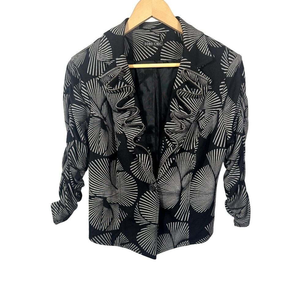BOHO CHIC Women's One Button Zipper Detail Cropped Jacket/Blazer Black Large